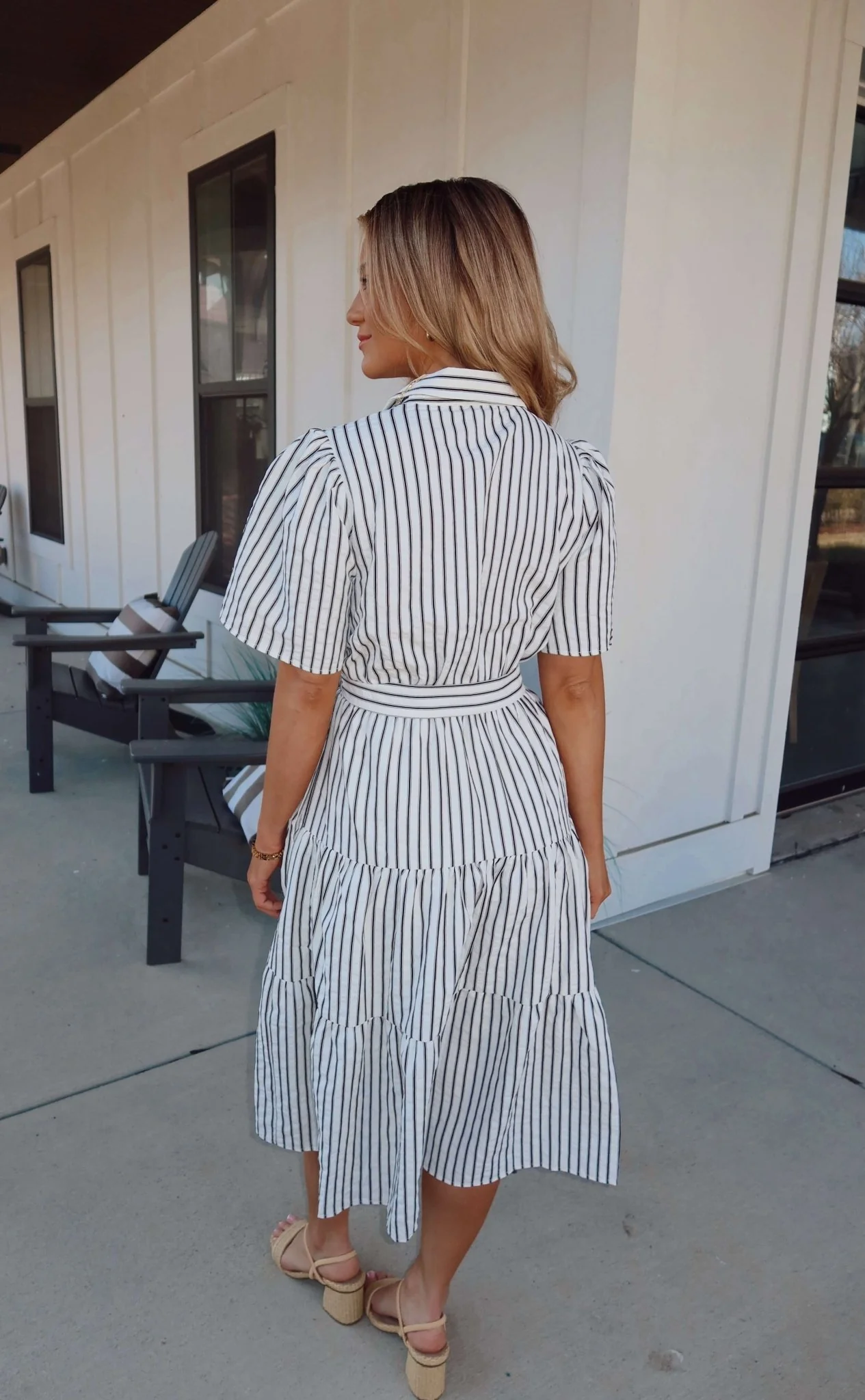 White Stripe Surplice Tiered Midi Dress - Image 7