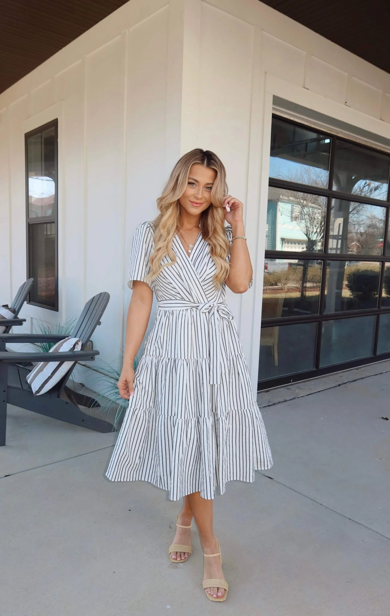 White Stripe Surplice Tiered Midi Dress - Image 8