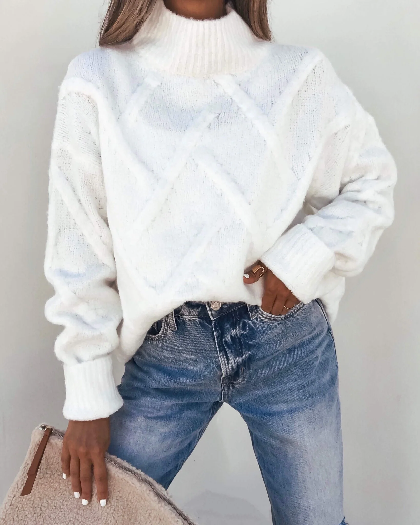 White Textured Mock Neck Sweater-FINAL SALE - Image 3
