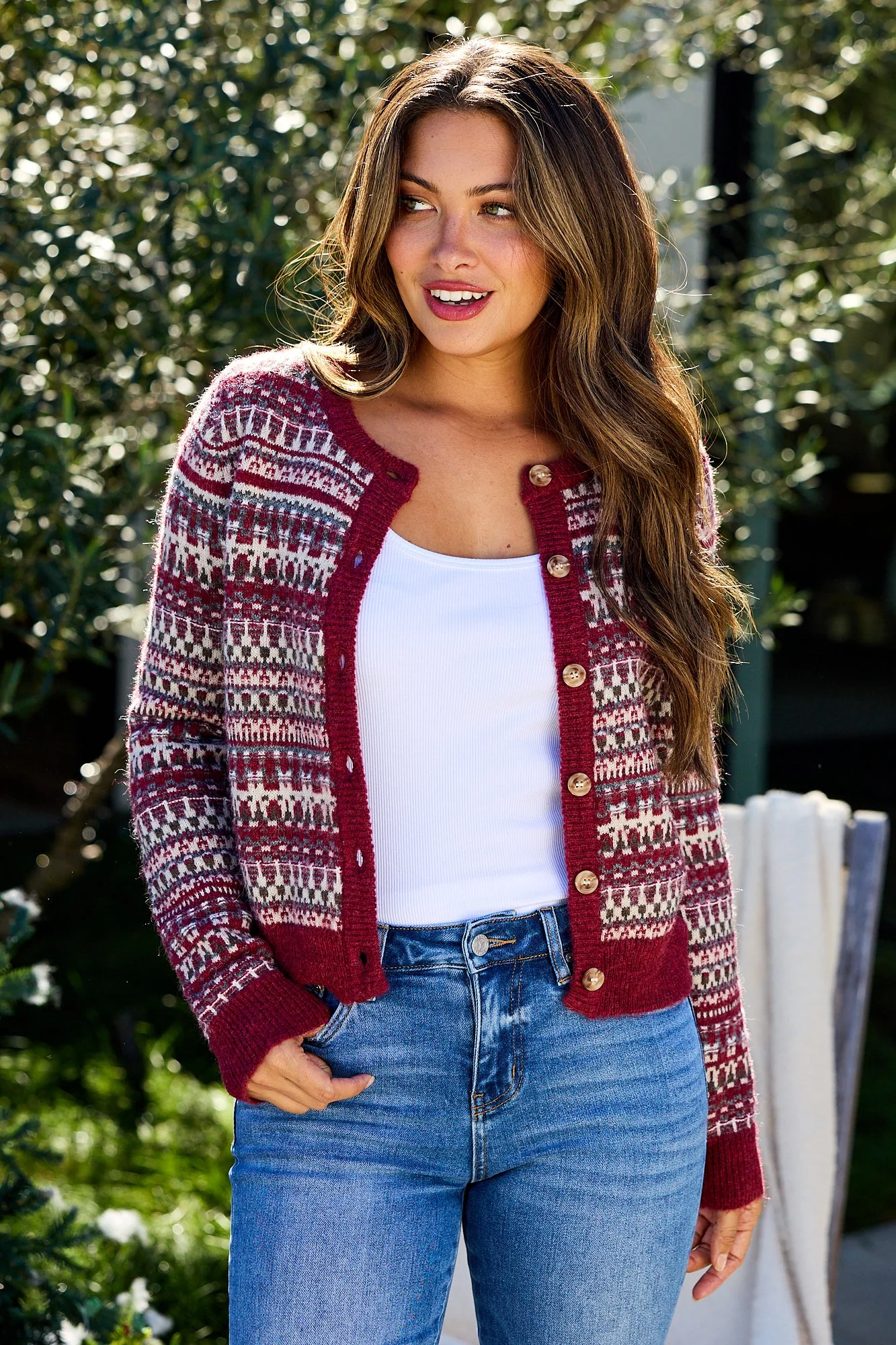 Wine Fair Isle Button Down Cardigan - FINAL SALE - Image 3