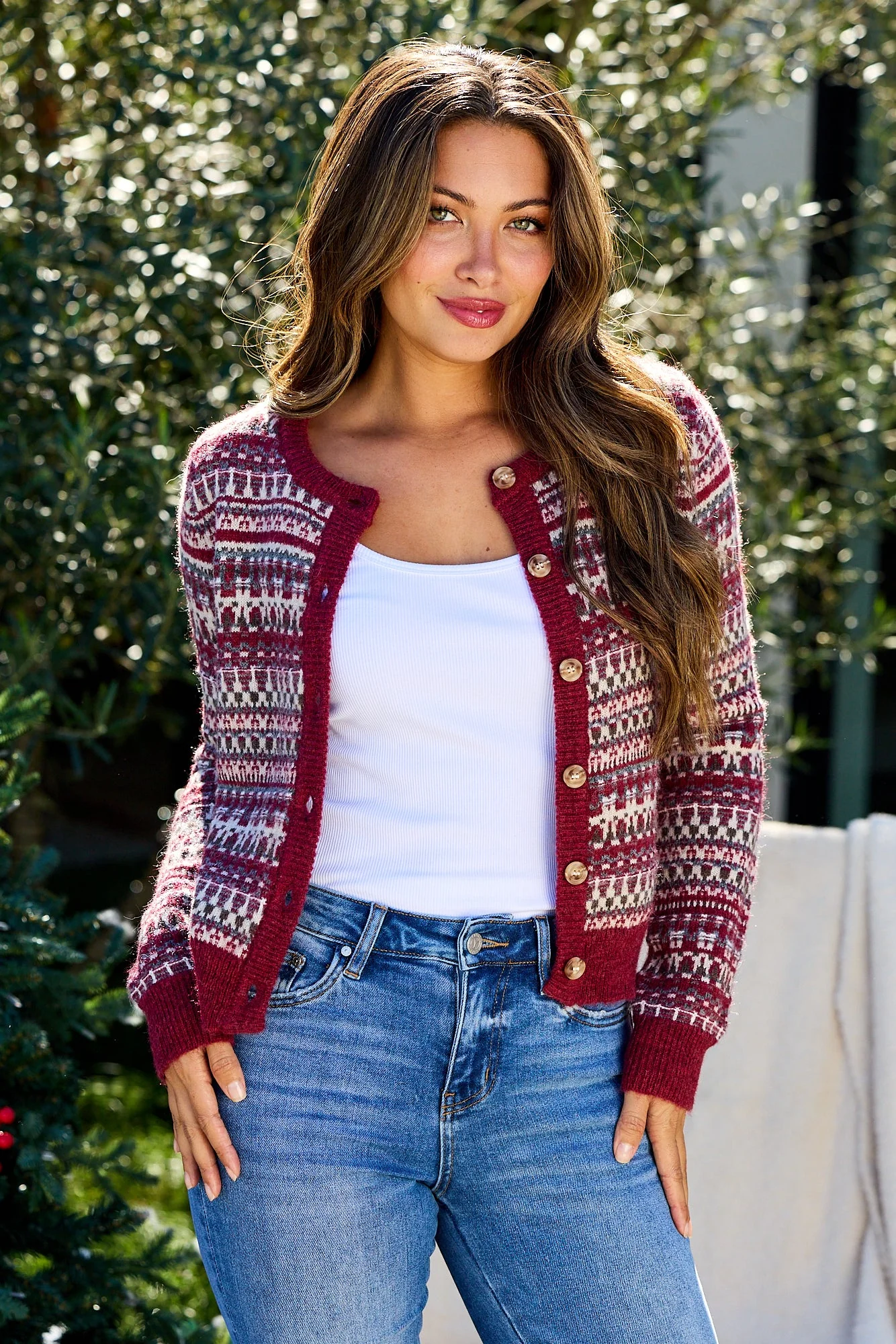 Wine Fair Isle Button Down Cardigan - FINAL SALE - Image 6