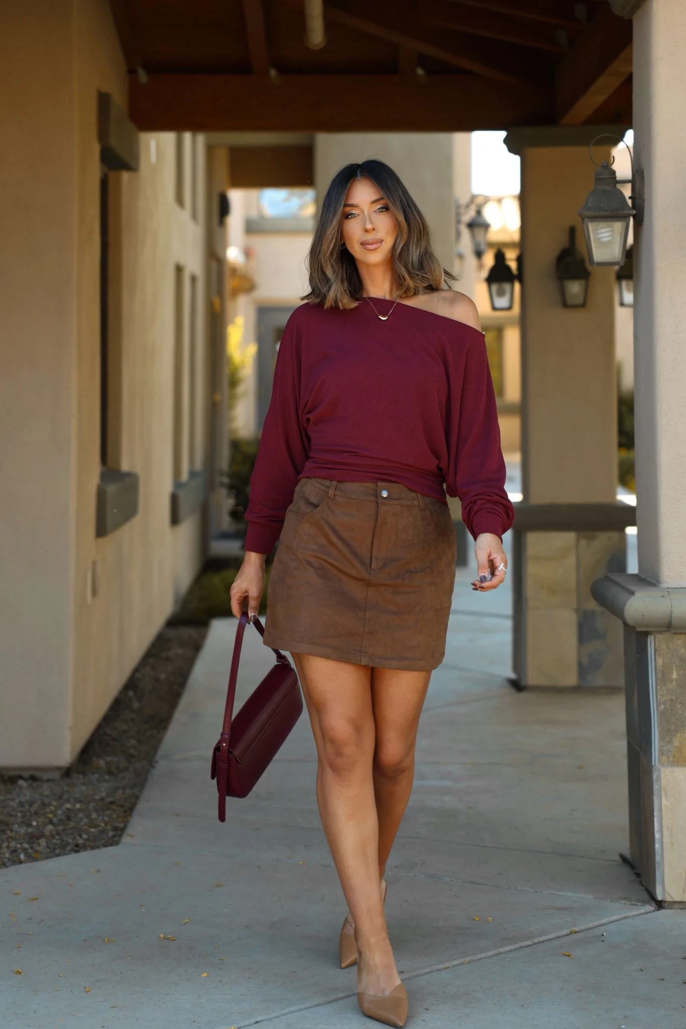 Wine Off The Shoulder Crepe Top - FINAL SALE - Image 2
